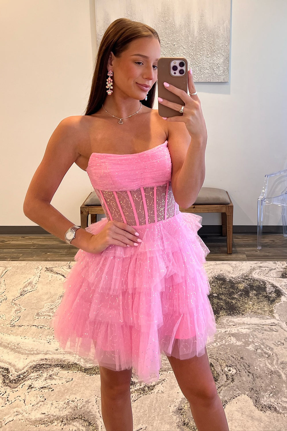 Pink Strapless Tulle A Line Tiered Corset Homecoming Dress with Sequins