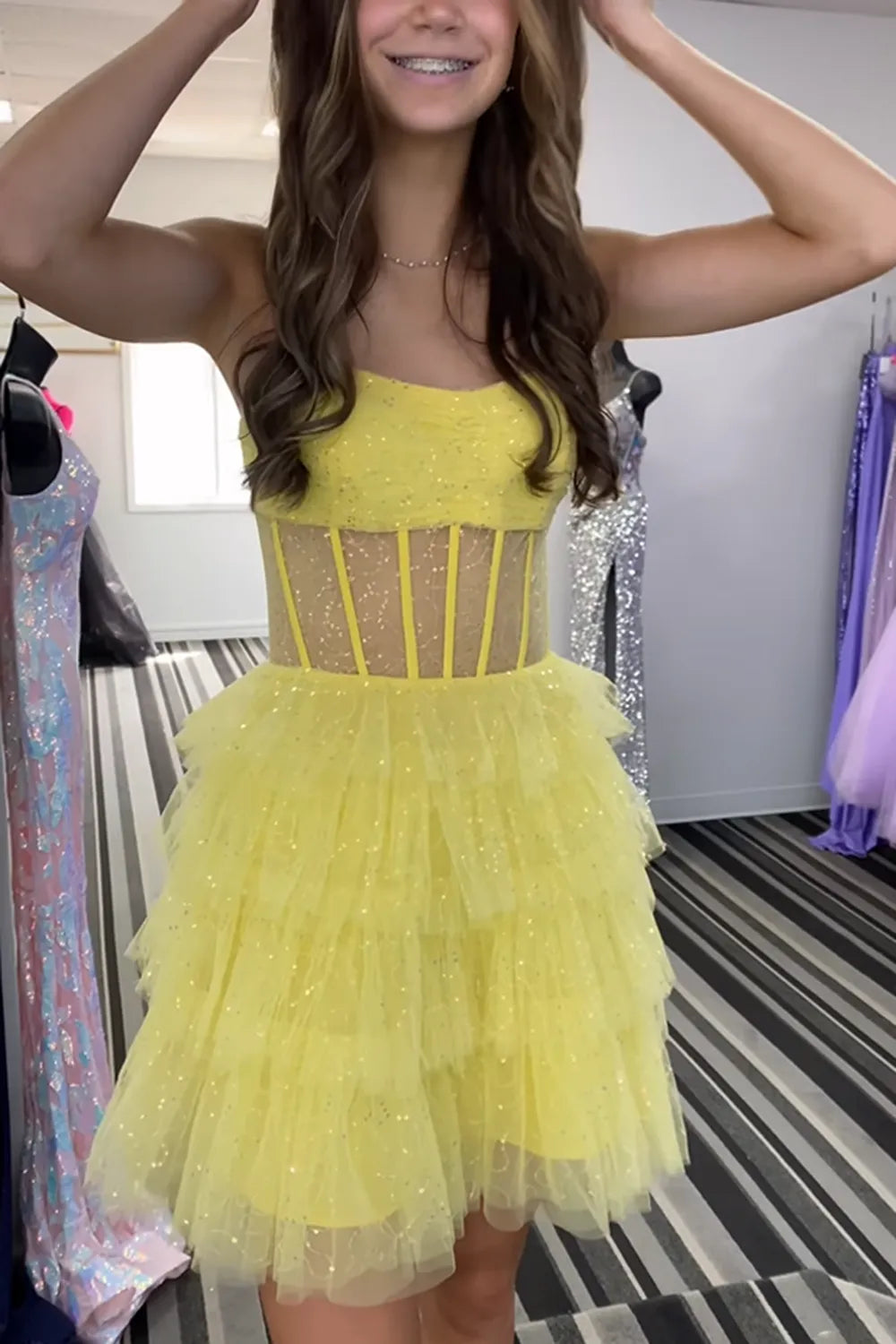 Pink Strapless Tulle A Line Tiered Corset Homecoming Dress with Sequins