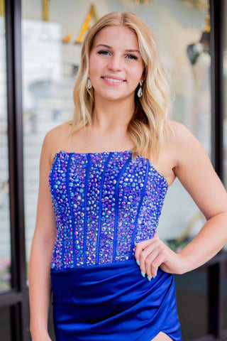 Sheath Strapless Satin Prom Dress with Slit