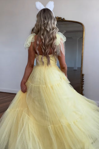 Khaki A-Line Spaghetti Straps Tulle Long Prom Dress with Bows