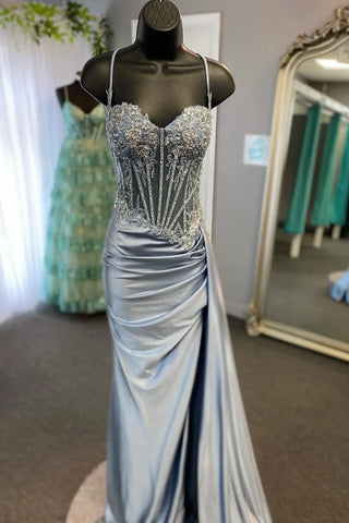 Mermaid Silver Spaghetti Straps Corset Prom Dress with Appliques