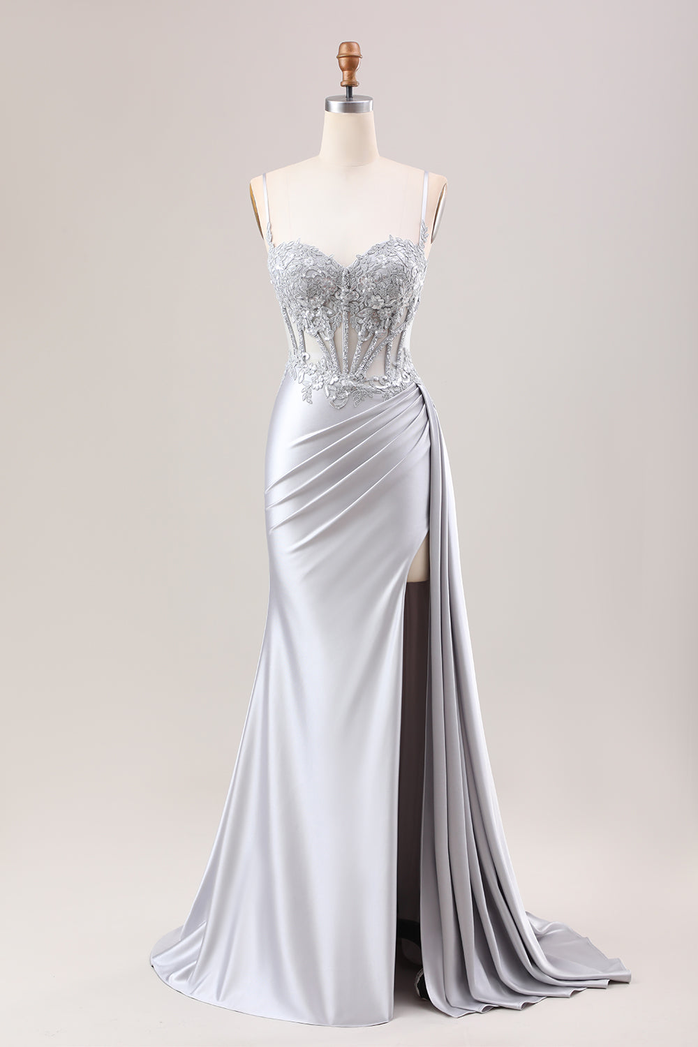 [Copy]Tredny Mermaid Spaghetti Straps Silver Corset Prom Dress with Appliques