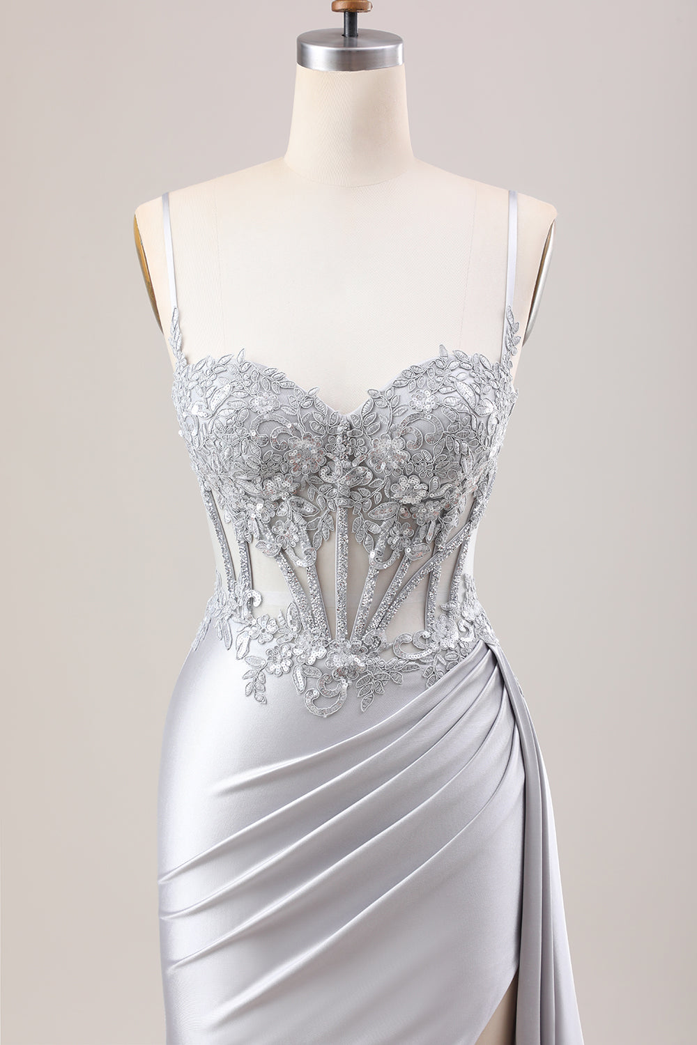 [Copy]Tredny Mermaid Spaghetti Straps Silver Corset Prom Dress with Appliques