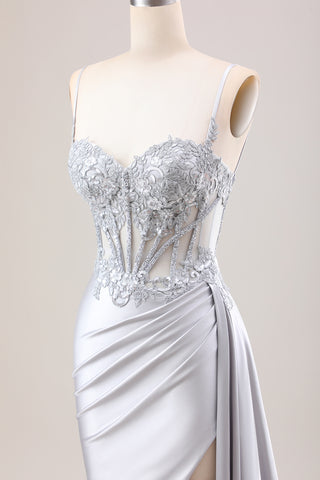 [Copy]Tredny Mermaid Spaghetti Straps Silver Corset Prom Dress with Appliques