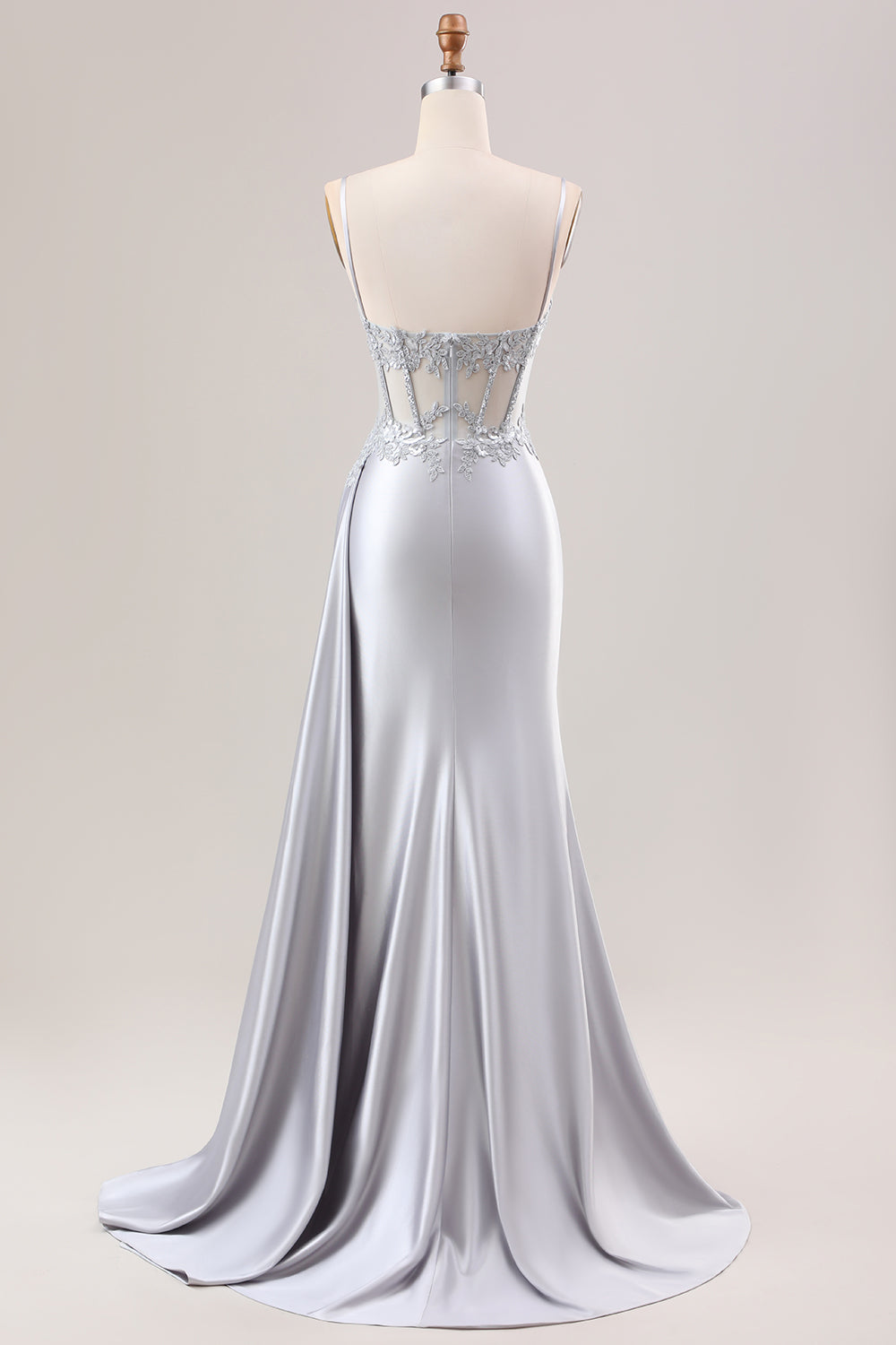 [Copy]Tredny Mermaid Spaghetti Straps Silver Corset Prom Dress with Appliques