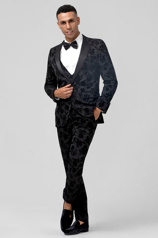 Black Jacquard Peak Lapel Slim Fit 3 Pieces Formal Prom Men's Suits
