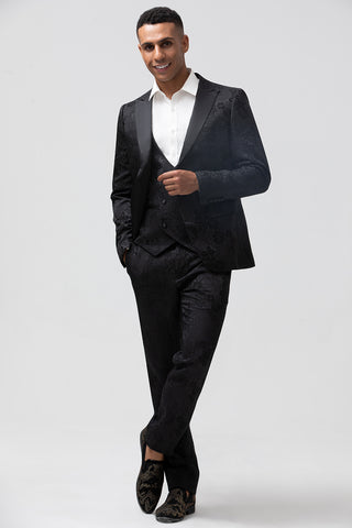Black Peak Lapel Jacquard 3 Pieces Prom Men's Suits