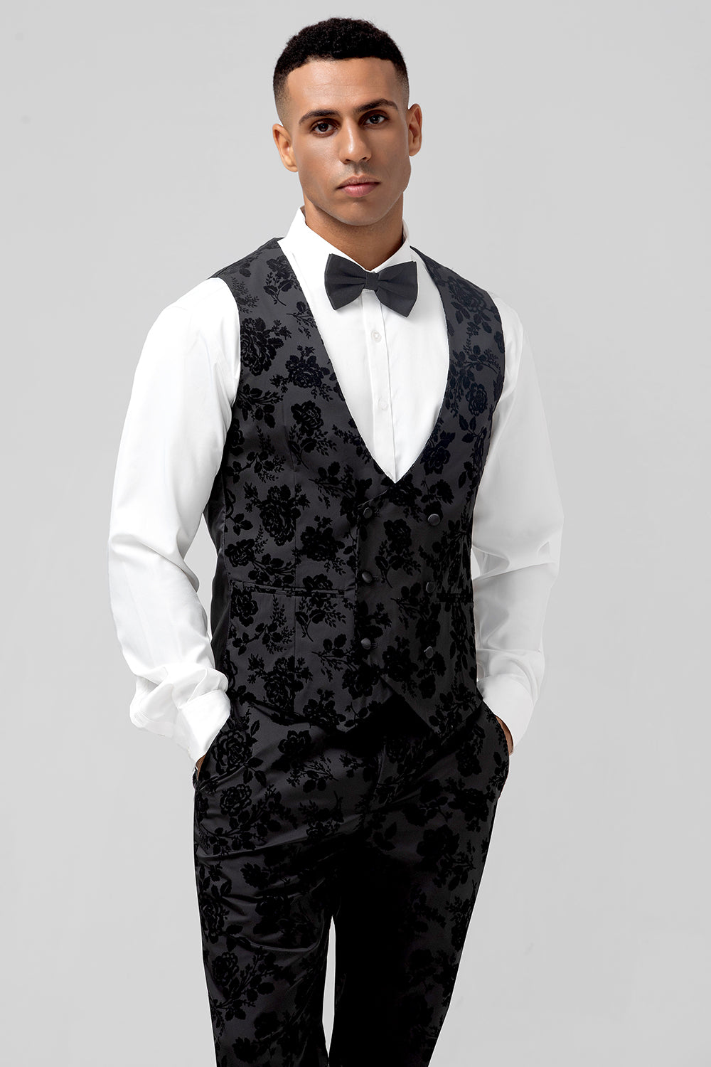 Black Jacquard Peak Lapel Slim Fit 3 Pieces Formal Prom Men's Suits