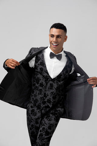 Black Jacquard Peak Lapel Slim Fit 3 Pieces Formal Prom Men's Suits