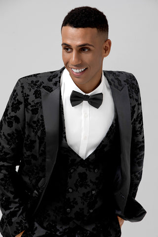 Black Jacquard Peak Lapel Slim Fit 3 Pieces Formal Prom Men's Suits