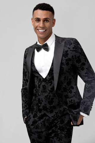 Black Jacquard Peak Lapel Slim Fit 3 Pieces Formal Prom Men's Suits