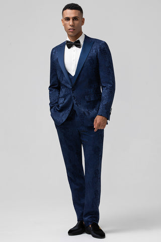 Black Peak Lapel Jacquard 3 Pieces Prom Men's Suits