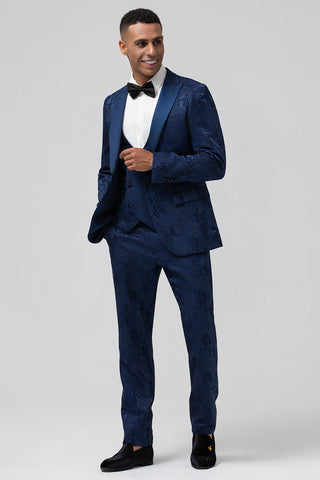 Black Peak Lapel Jacquard 3 Pieces Prom Men's Suits