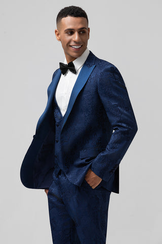 Black Peak Lapel Jacquard 3 Pieces Prom Men's Suits
