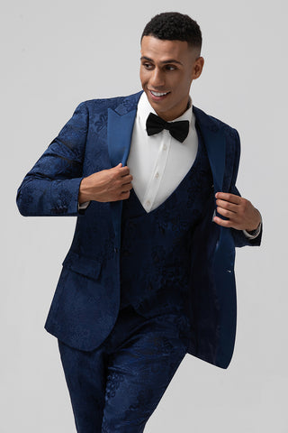 Black Peak Lapel Jacquard 3 Pieces Prom Men's Suits