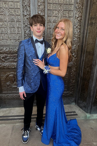 Royal Blue Jacquard Shawl Lapel 2 Pieces Men's Prom Suits 