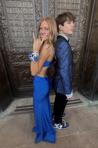 Royal Blue Jacquard Shawl Lapel 2 Pieces Men's Prom Suits 