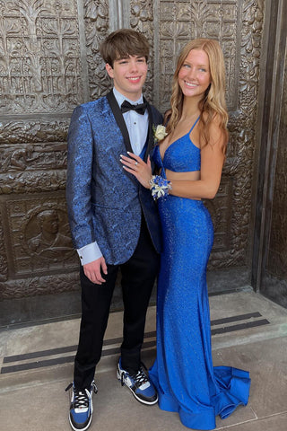 Royal Blue Jacquard Shawl Lapel 2 Pieces Men's Prom Suits 