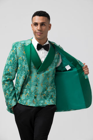 Green Peak Lapel Jacquard 3 Pieces Prom Men's Suits