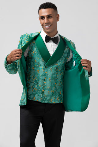 Green Peak Lapel Jacquard 3 Pieces Prom Men's Suits