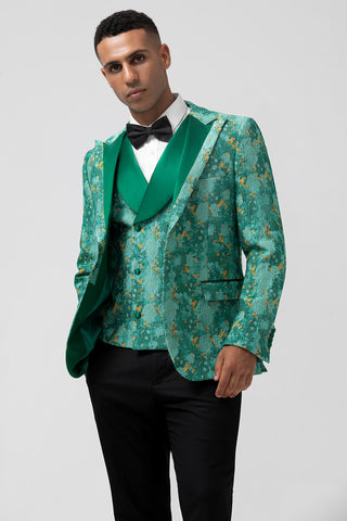 Green Peak Lapel Jacquard 3 Pieces Prom Men's Suits