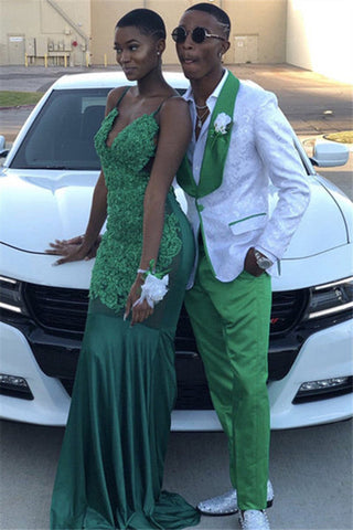 White and Green Jacquard Men's 2 Pieces Shawl Lapels Prom Suits