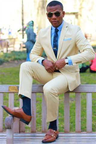 Light Yellow Slim Fit 2 Pieces Black Notched Lapel Men's Prom Suits