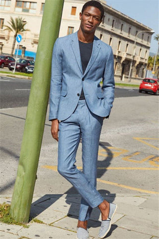 Simple Grey Blue Slim Fit 2 Pieces Notched Lapel Men's Prom Suits