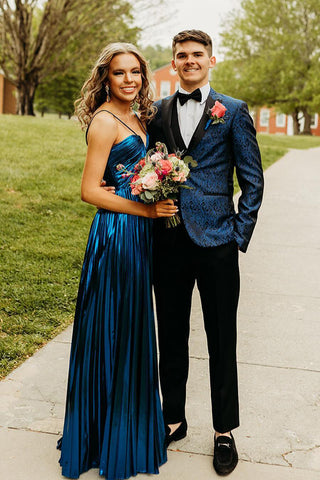 Dark Navy Jacquard Peak Lapel 3 Pieces Formal Prom Men's Suits