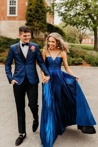 Dark Navy Jacquard Peak Lapel 3 Pieces Formal Prom Men's Suits