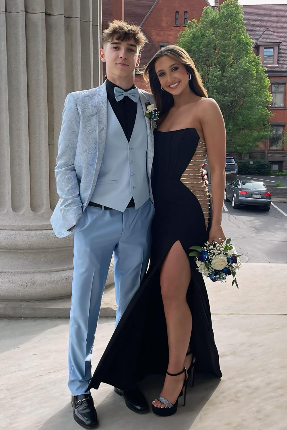 Light Blue Jacquard Peak Lapel 3 Pieces Formal Prom Men's Suits
