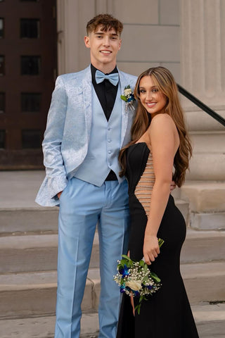 Light Blue Jacquard Peak Lapel 3 Pieces Formal Prom Men's Suits