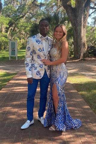 White and Blue Jacquard Notched Lapel 2 Pieces Men's Prom Suits 