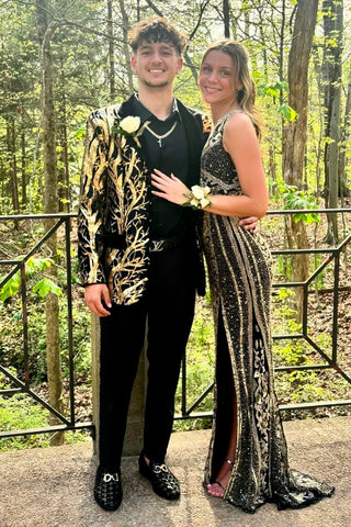 Chic Black Golden Pattern Notched Lapel 2 Pieces Formal Men's Prom Suits 