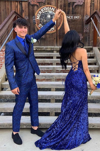 Royal Blue Jacquard Peak Lapel 2 Pieces Men's Prom Suits 