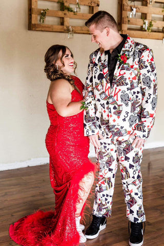 White Poker Pattern Printed Shawl Lapel 2 Pieces Men's Prom Suits 
