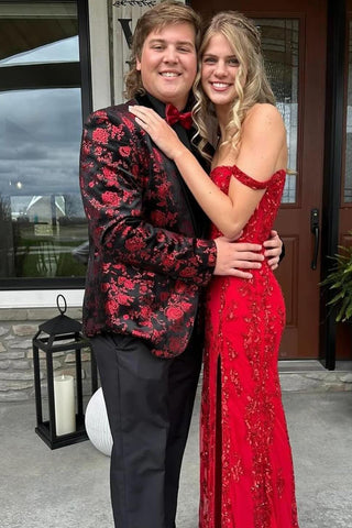 Black Red Jacquard Shawl Lapel 2 Pieces Formal Men's Prom Suits 