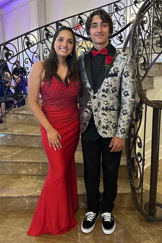 Silver and Black Jacquard Peak Lapel Single Breasted 2 Pieces Men's Prom Suits 