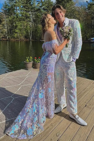 Sparkly White Sequins Shawl Lapel 2 Pieces Men's Prom Suits 