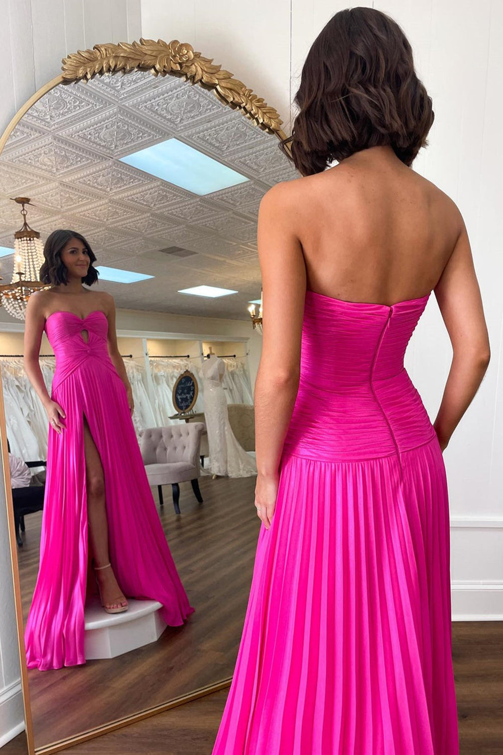 Fuchsia A-Line Sweetheart Pleated Long Prom Dress with Slit