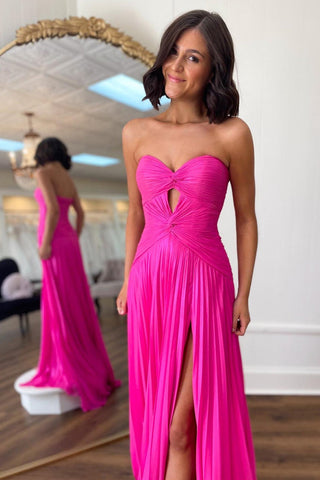 Fuchsia A-Line Sweetheart Pleated Long Prom Dress with Slit