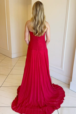 Fuchsia A-Line Sweetheart Pleated Long Prom Dress with Slit