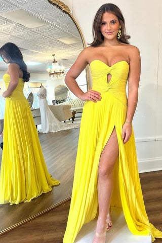 Fuchsia A-Line Sweetheart Pleated Long Prom Dress with Slit