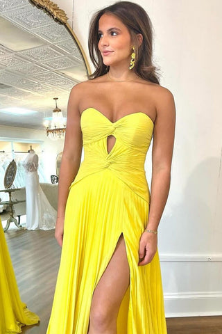 Fuchsia A-Line Sweetheart Pleated Long Prom Dress with Slit
