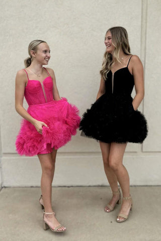 Princess A Line Spaghetti Straps Pink Corset Homecoming Dress with Ruffles