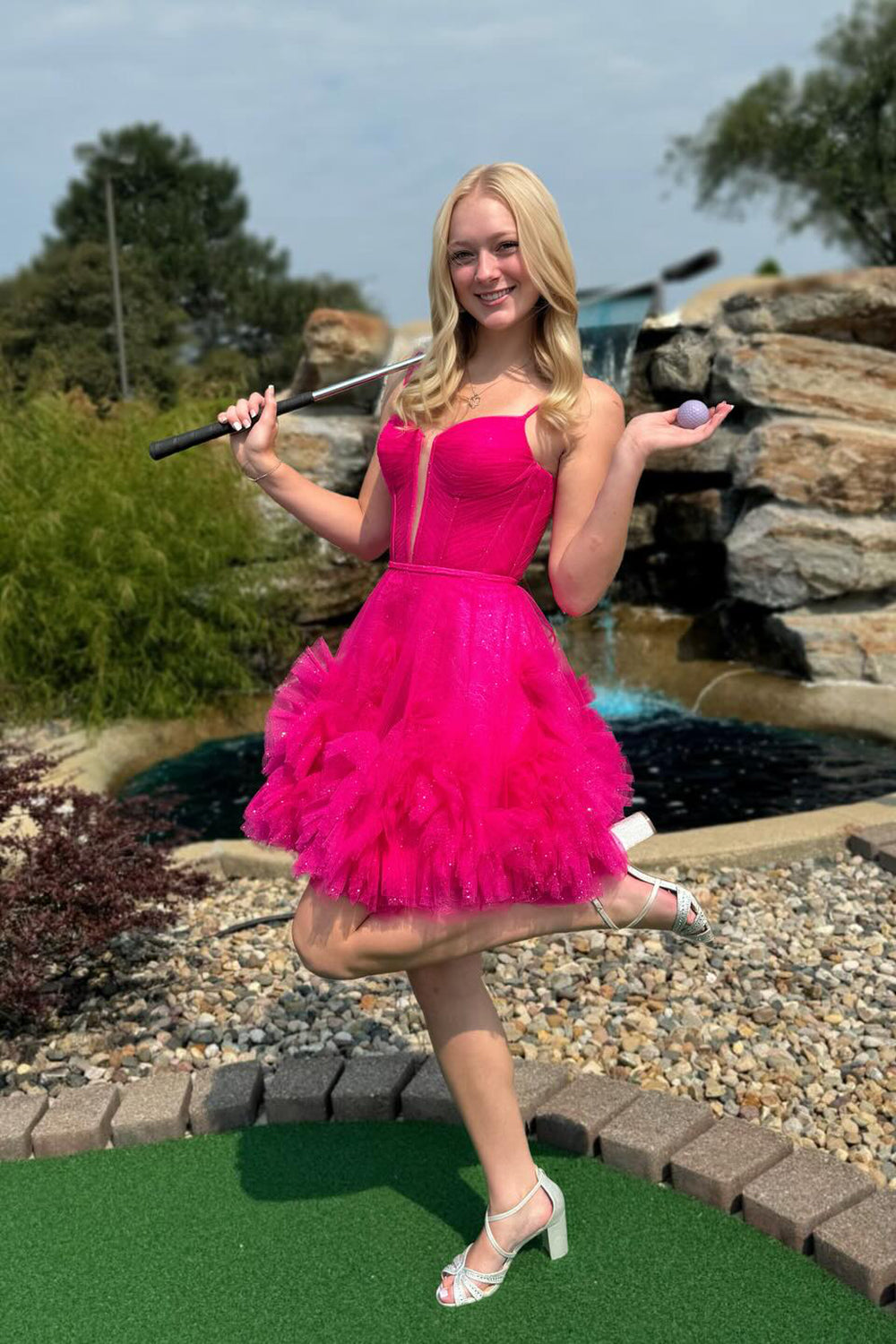 Princess A Line Spaghetti Straps Pink Corset Homecoming Dress with Ruffles