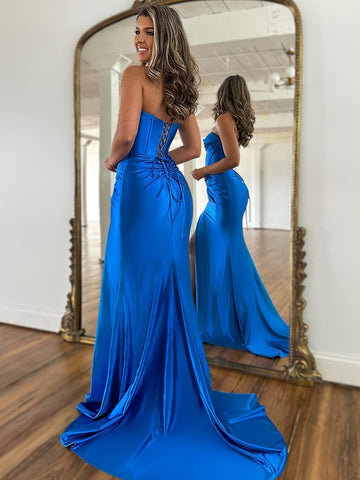 Mermaid Strapless Satin Long Prom Dress With Slit