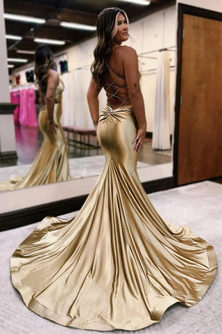 Golden Spaghetti Straps Satin Cut-out Mermaid Long Prom Dress