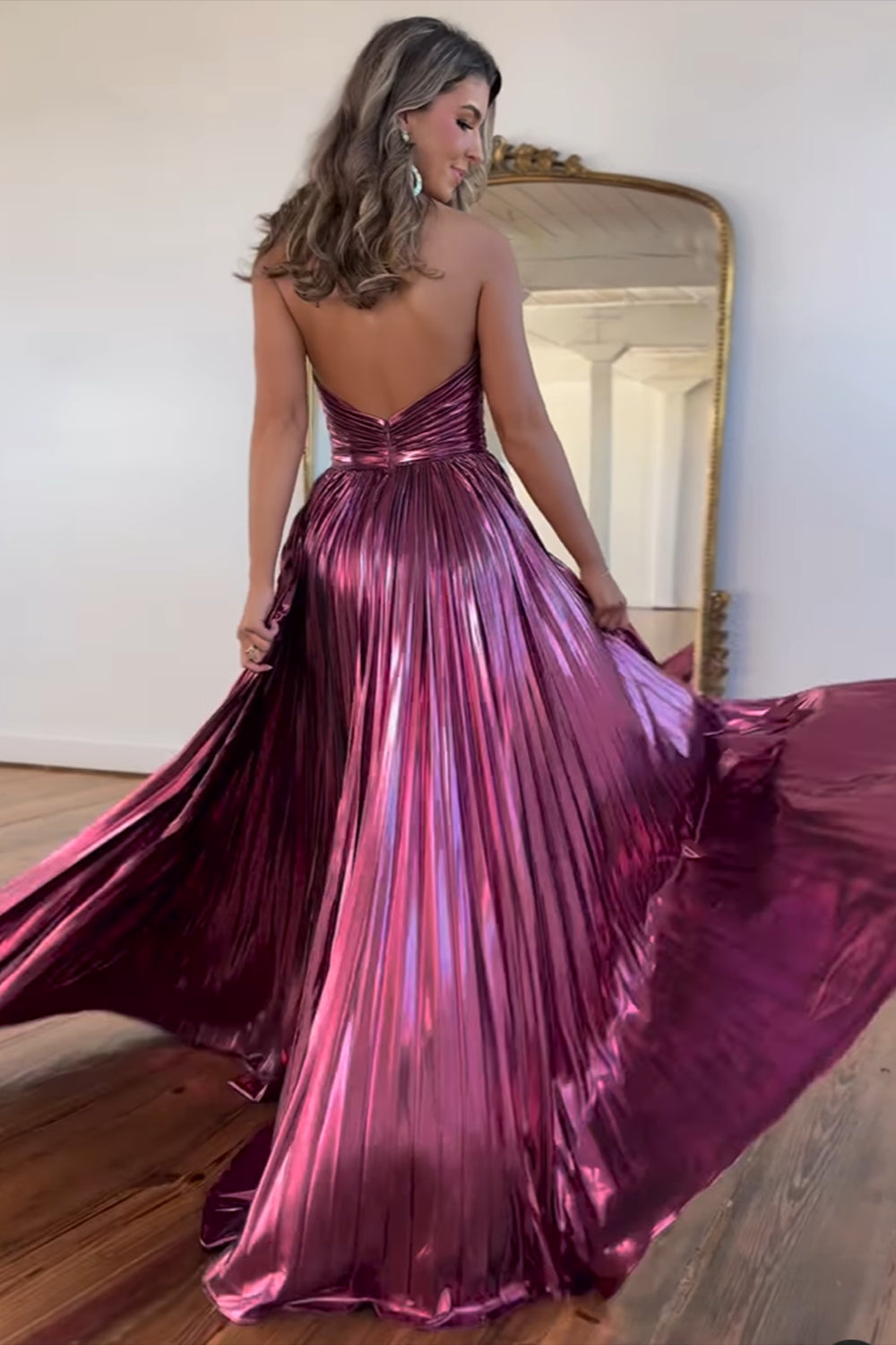 Metallic Blush Halter Neck A-Line Pleated Long Prom Dress with Slit