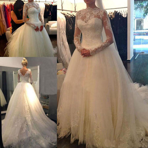 White Long Sleeve Cheap V-back A-line Lace Tulle Wedding Dresses